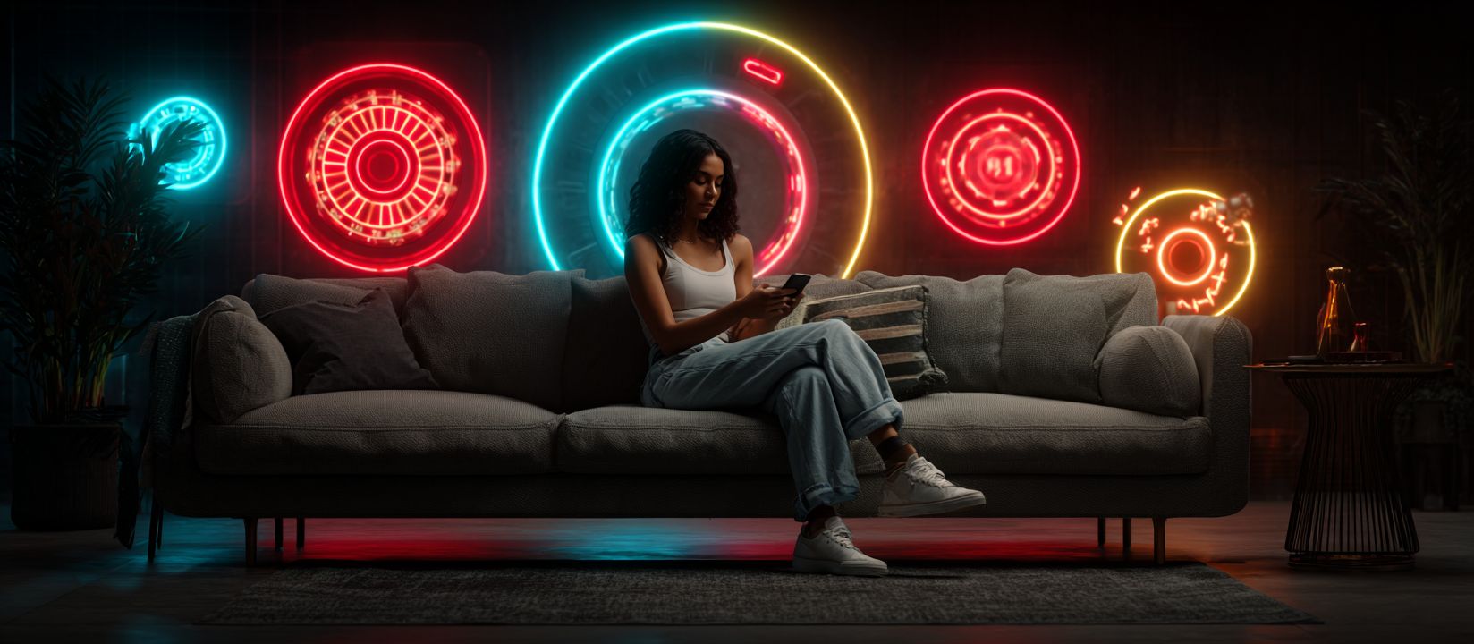 Download the BG333 App and Play Casino Games Anytime Young woman using BG333 mobile casino app while relaxing on sofa with neon gaming lights behind her