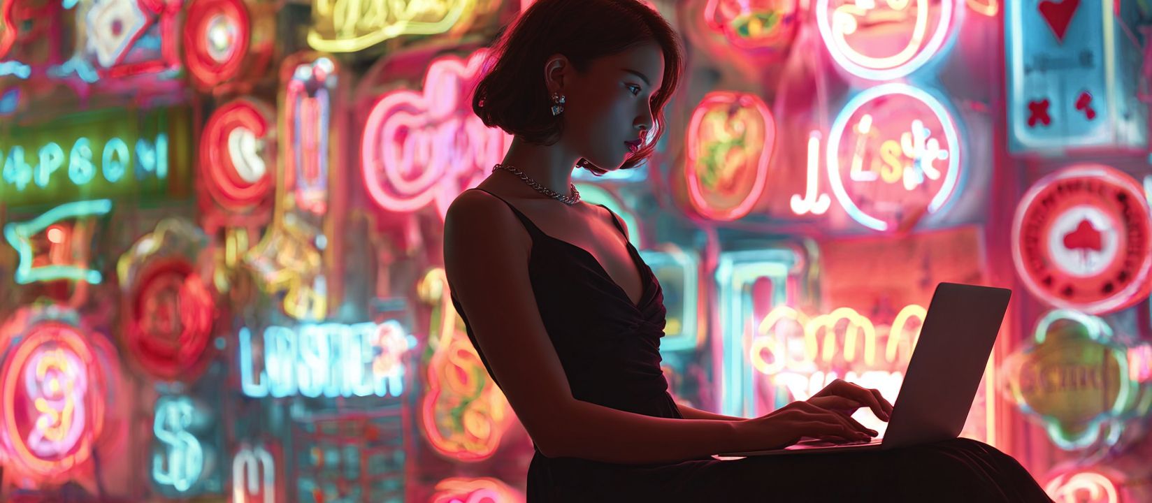 Stylish woman in black dress playing online games on laptop with neon casino signs glowing around