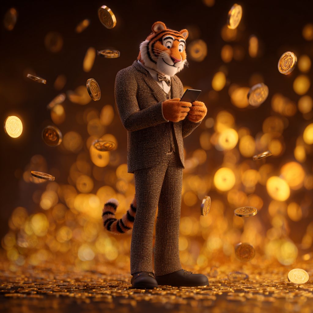 Download BG333 App and Start Winning Anywhere Bengal tiger mascot of BG333 casino in elegant suit using mobile app surrounded by golden coins