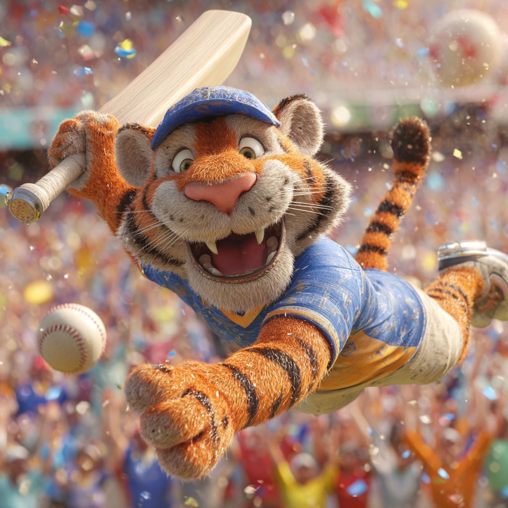 Place Your Bets on BG333 and Win Big Today Excited Bengal tiger mascot in cricket uniform celebrating a big win at BG333 sports betting