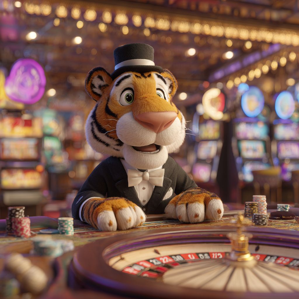 Join BG333 Casino and Play Roulette Now Bengal tiger mascot in tuxedo enjoying roulette table inside BG333 online casino