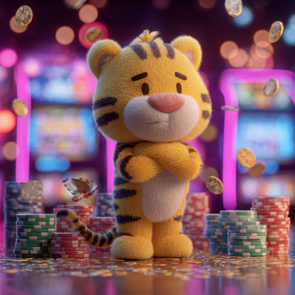 Cute Bengal tiger mascot standing among colorful chips and slot machines at BG333 casino games