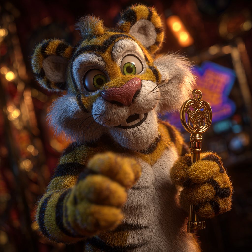 Login to BG333 Casino and Unlock Your Rewards Bengal tiger mascot holding a golden key symbolizing access to BG333 online casino login
