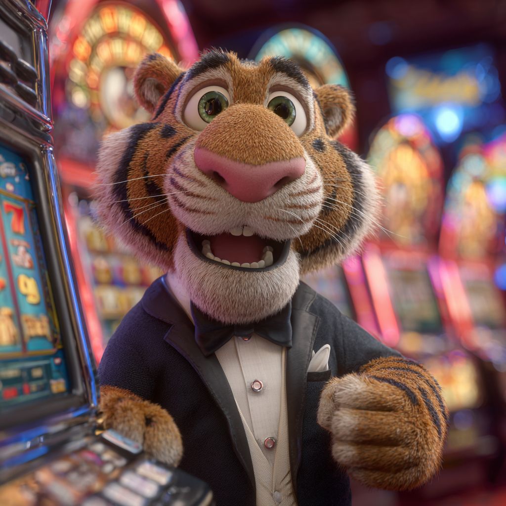 Spin the Slots at BG333 and Win Jackpots Happy Bengal tiger mascot in tuxedo standing by shining slot machines at BG333 casino