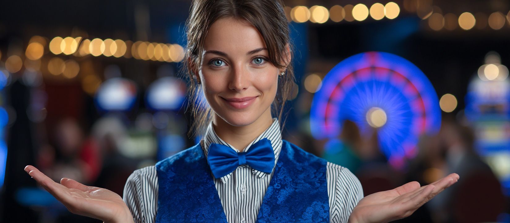 Login to BG333 Casino and Start Playing Now Friendly casino hostess welcoming players to BG333 online casino with bright roulette wheel in the background