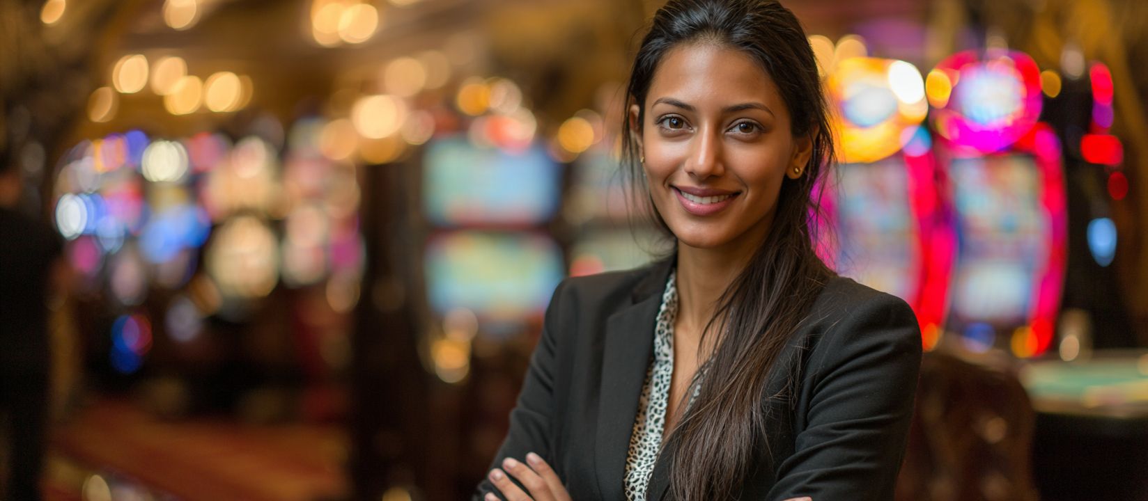 Join BG333 Casino and Experience the Best Online Gaming in Bangladesh Confident woman smiling in elegant suit inside BG333 online casino with colorful slot machines in the background
