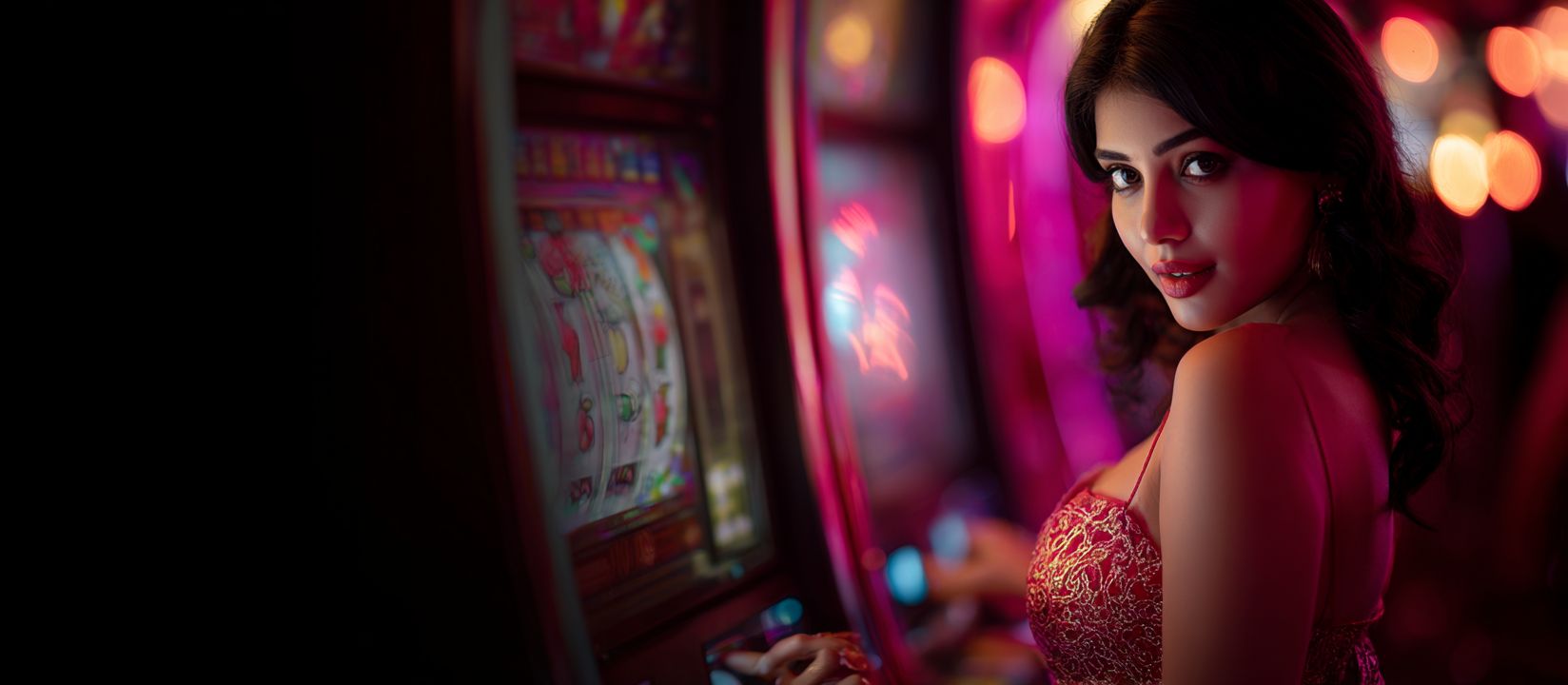 Spin BG333 Slots and Win Big Jackpots Beautiful woman in red dress playing slot machine at BG333 casino with glowing lights